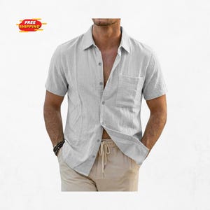 Men's Linen Hawaiian Shirt Short Sleeve Breathable Button Down Beach Summer Casual Pocket Shirt