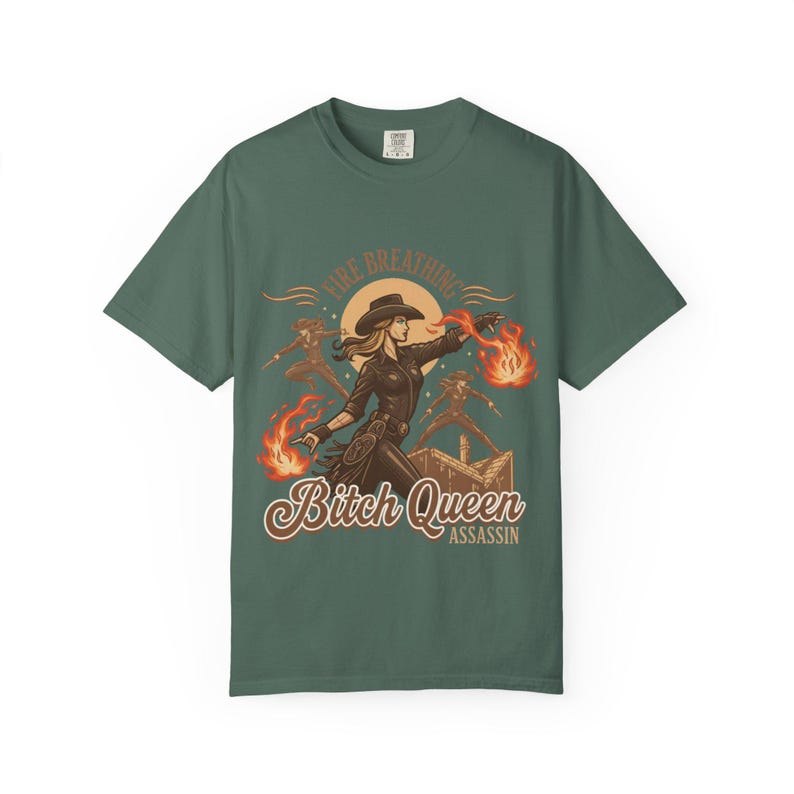 Fire Breathing Bitch Queen Assassin T-Shirt | Western Cowgirl Fireball Design image 6