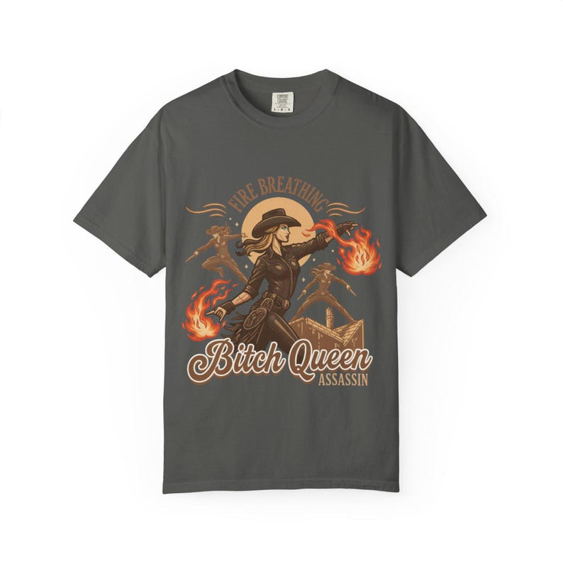 Fire Breathing Bitch Queen Assassin T-Shirt | Western Cowgirl Fireball Design image 4