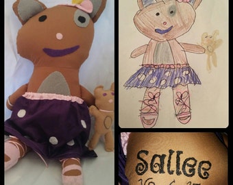 Custom made Children's Drawing to Plush Doll, Handmade Doll or Stuffed Animal from Photo or Drawing- Sallee Bear