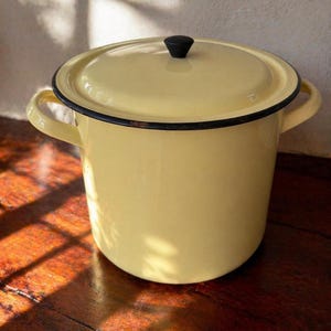 May include: A yellow enamel pot with a lid and two side handles. The pot has a black rim and a black knob on the lid. The pot is sitting on a wooden surface.
