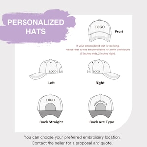 May include: A diagram showing personalised hats with various embroidery locations including front, left, right, and back views. The text reads PERSONALIZED HATS and indicates embroidery dimensions of 5 inches wide by 2 inches high for the front.