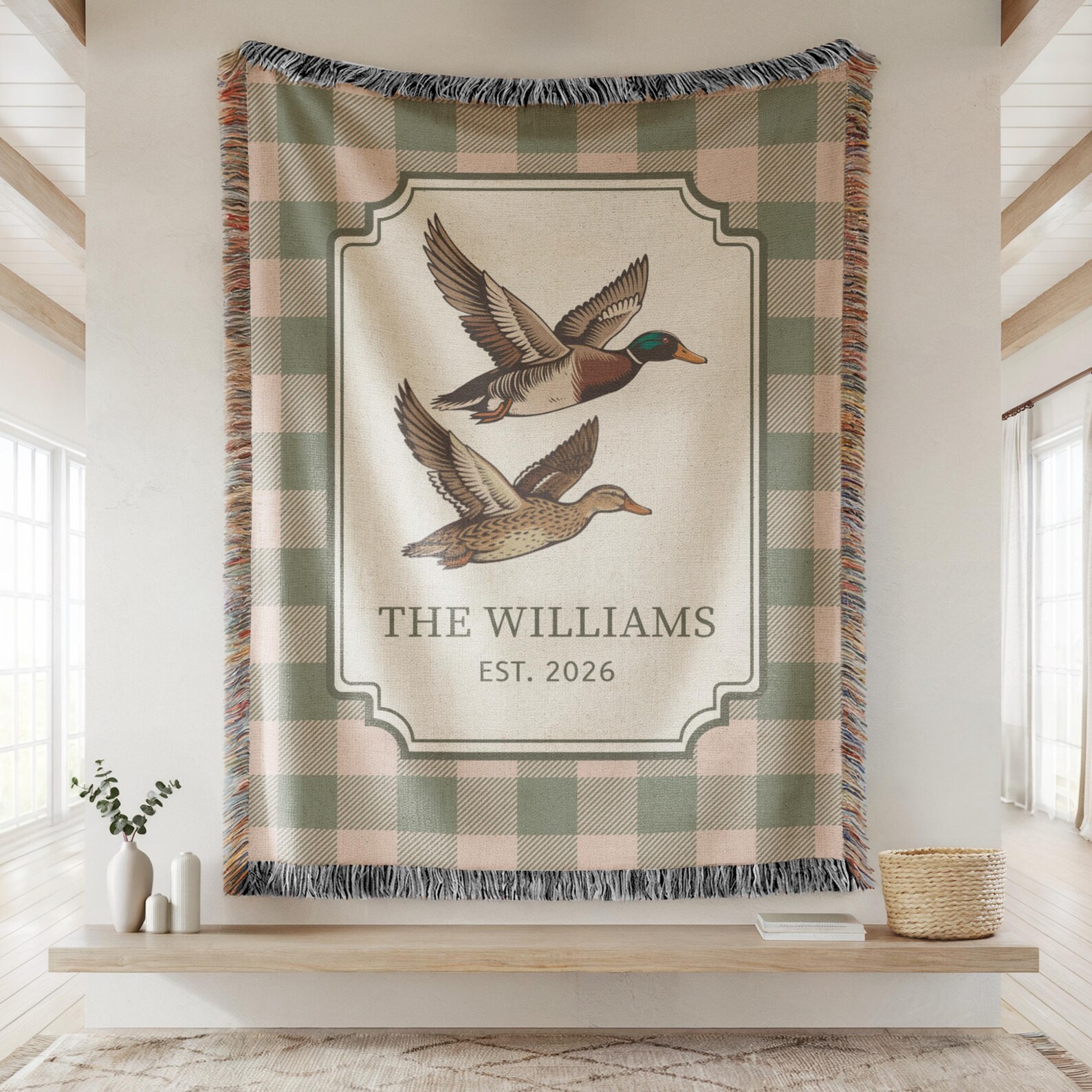 Personalized Couple Mallard Duck Plaid Woven Blanket