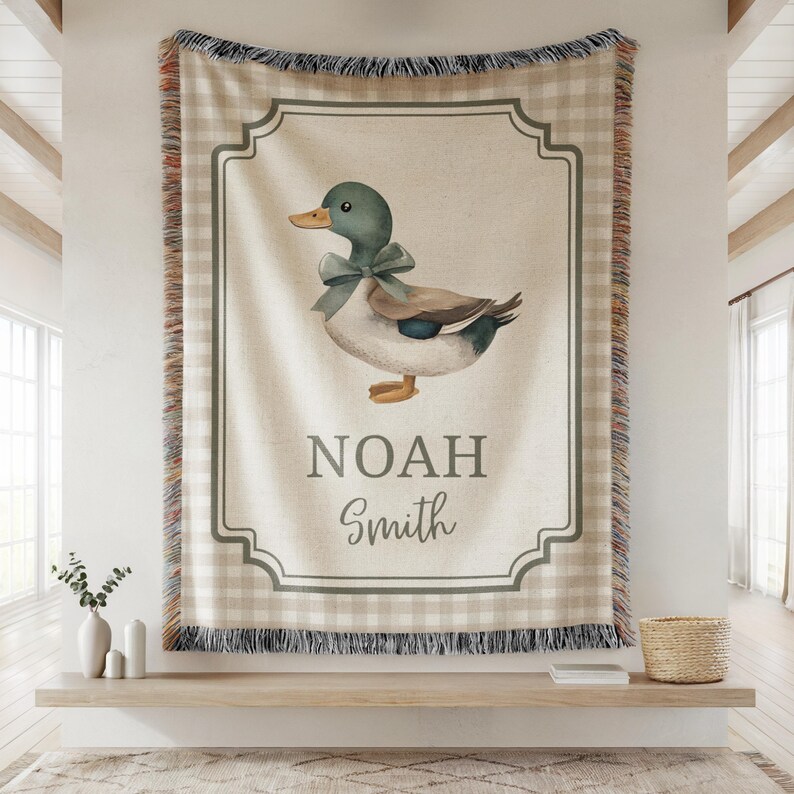 Custom Name Mallard Duck Woven Blanket, Personalized Baby Cotton ...