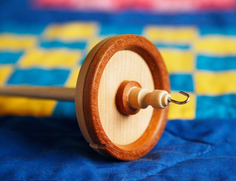Hand turned Mahogany and Maple top whorl drop spindle OOAK