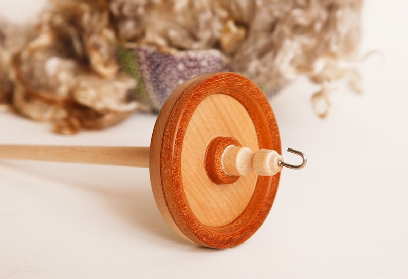Hand turned Mahogany and Maple top whorl drop spindle OOAK