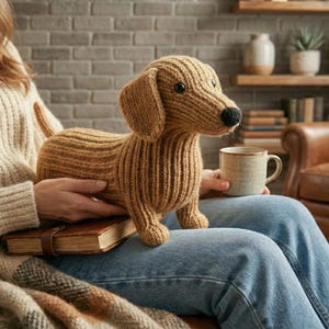 Puede incluir: Un perro salchicha tejido en tonos marrones, con nariz negra y ojos de botón. El perro descansa en el regazo de una persona, junto a un libro y una taza. La escena está ambientada en un salón acogedor.