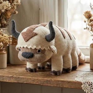May include: A crocheted plush toy of a bison-like creature, featuring a cream-colored body with brown and gray accents. The toy has large, curved horns and is posed on a wooden surface. Dried flowers in ceramic vases are in the background.