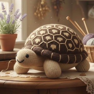 Puede incluir: Un peluche de tortuga sonriente, hecho a mano, con caparazón marrón y crema, sobre una mesa de madera. La tortuga tiene un patrón geométrico en el caparazón. La escena incluye una planta de lavanda, libros y accesorios de tejido.