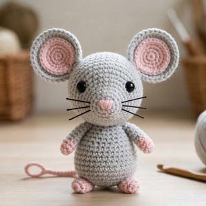 May include: A crocheted mouse toy in grey with pink detailing on the ears, paws, and nose. The mouse has black bead eyes and whiskers. A pink tail curls behind the mouse. The toy is approximately 10 cm tall, suitable for a child's toy or nursery decoration.