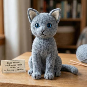 Peut inclure: Un chaton Bleu Russe tricoté à la main, assis, en fil gris, avec des yeux bleus et l'intérieur des oreilles crème. Une pancarte indique : "Hand-Knitted Blue Russian Kitten - Pattern by Amigurumi Heirloom."