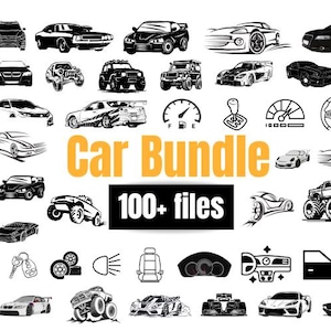 May include: A collection of black and white car illustrations, including various car models, car parts, and icons. The text "Car Bundle" in orange and "100+ files" in white is also present.