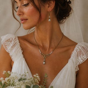 Conjunto de joias elegante com pérolas, colar e brincos vintage, estilo ouro antigo, presente de casamento. imagem 6