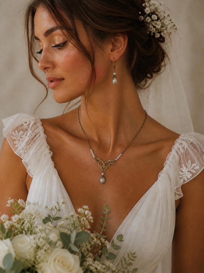 Conjunto de joias elegante com pérolas, colar e brincos vintage, estilo ouro antigo, presente de casamento. imagem 6