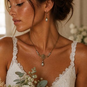Conjunto de joias elegante com pérolas, colar e brincos vintage, estilo ouro antigo, presente de casamento. imagem 3