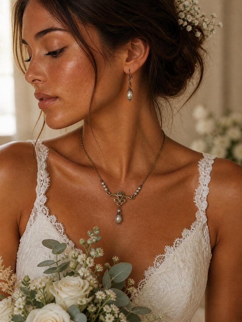 Conjunto de joias elegante com pérolas, colar e brincos vintage, estilo ouro antigo, presente de casamento. imagem 3