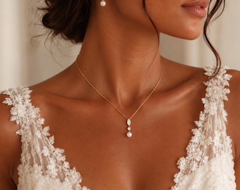 Set aus goldener Perlenkette und Ohrringen, Brautschmuck mit Marquise-Zirkonia