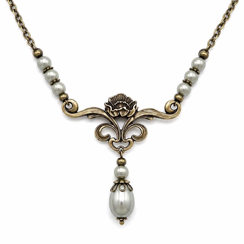 Conjunto de joias elegante com pérolas, colar e brincos vintage, estilo ouro antigo, presente de casamento. imagem 8