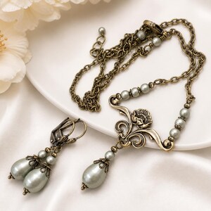 Conjunto de joias elegante com pérolas, colar e brincos vintage, estilo ouro antigo, presente de casamento. imagem 2