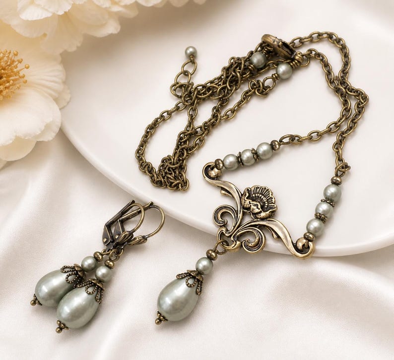 Conjunto de joias elegante com pérolas, colar e brincos vintage, estilo ouro antigo, presente de casamento. imagem 2