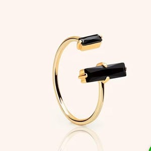 18K Gold Black Baguette Open Ring, Minimalist Adjustable Band Jewelry