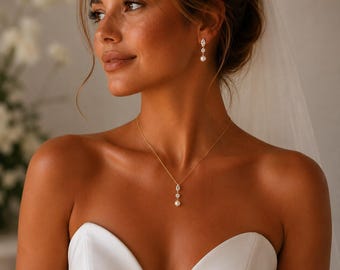 Gold Pearl Necklace Earrings Set, Marquise Cubic Zirconia Bridal Jewelry