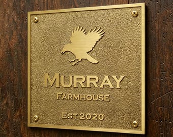 Custom Brass House Sign with Raven Bird Engraving, Personalized house Name Plaque, Established Date Metal Address Plaque, Custom Family Name