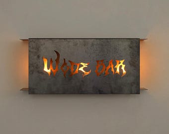 Custom Industrial Metal Bar Sign with Candle Lighting, Solid Raw Steel Backlit Wall Plaque, Personalized Gothic Cutout Text Wall Sconce,Gift