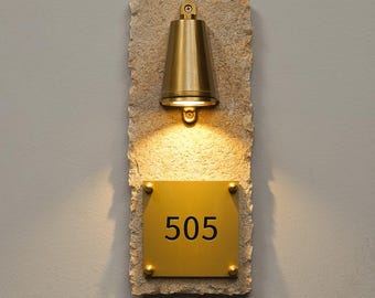Custom Limestone House Number Plaque with Brass , Natural Stone Address Sign, Personalized Brass Door Number Plate, Modern Farmhouse