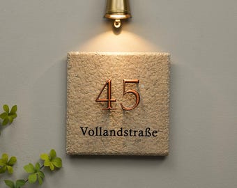 Personalized House Number Sign with Light - Custom Stone Address Plaque - Modern Outdoor Illuminated Wall Sign