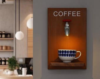 Coffee Wall Art with Lighted Faucet & Wooden Shelf | Coffee Station Decor | Modern Kitchen Sign | Coffee Lover Gift | LED Coffee Display