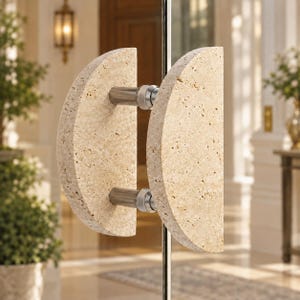 Puede incluir: Un par de manijas de puerta semicirculares hechas de piedra natural beige y porosa. Cada manija presenta un borde interior plano y vertical y un borde exterior curvo, montadas en una varilla metálica vertical con dos conectores cilíndricos plateados.