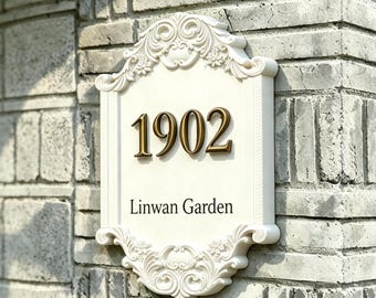 White Ornate Vintage Plaque - Elegant Gold Lettering Cast Address Sign for Home Garden Estate"