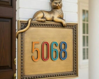 Custom Cat House Number Sign, Personalized Brass Address Plaque, Handmade Kitten Door Numbers