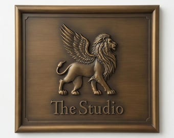 Custom Bronze Lion Plaque with Wings | Personalized Studio Name Sign | Office Wall Art