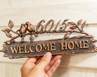 Customizable Copper Bird Branch Address Sign | Rustic Entryway Welcome Home Plaque