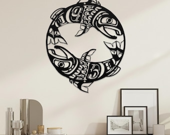 Indigenous Tribal Salmon Metal Decor,Northwest Haida Fish Wall Decor,Coastal Native Fish Silhouette Art,Tribal Haida Style Salmon Wall Decor
