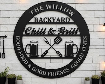 Custom Chill Grill Backyard Name Sign,Beer Mug Grill Tool Wall Sign,Custom Family Barbecue Patio Sign,Chill & Grill Patio Outdoor Decor Sign