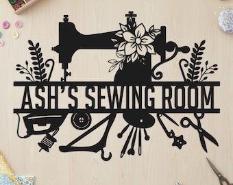 Custom Handcrafter Sewing Room Metal Decor,Floral Sewing Craft Room Wall Art,Floral Sew Tool Metal Entry Wall Decor,Custom Sewing Room Sign
