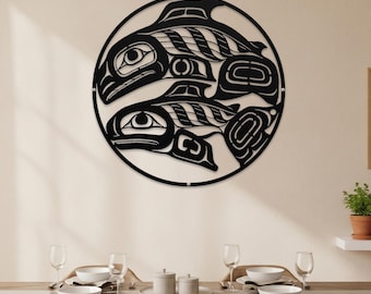 Indigenous Tribal Salmon Metal Decor,Northwest Haida Fish Wall Decor,Coastal Native Fish Silhouette Art,Tribal Haida Style Salmon Wall Decor