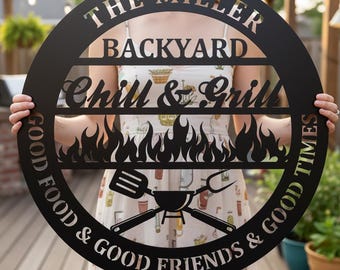 Custom Chill Grill Backyard Name Sign,Flame Grill Tool Wall Sign,Custom Family Barbecue Patio Sign,Chill & Grill Patio Outdoor Decor Sign