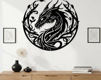 Tribal Dragon Wall Decor,Fantasy Dragon Silhouette Art,Gothic Dragon Metal Wall Sign,Mythical Dragon Wall Decor,Metal Dragon Wall Decor