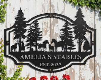 Personalized Metal Ranch Name Sign,Horse Ranch Metal Wall Sign,Forest Horse Stable Sign,Pine Tree Horse Family Stable Wall Art,Farm Wall Art
