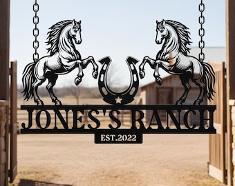 Personalized Metal Ranch Name Sign,Horse Ranch Metal Wall Sign,Horseshoe Ranch Hanging Sign,Prancing Horse Metal Wall Decor,Horse Wall Sign