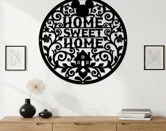 Floral Home Sweet Home Metal Sign,Cartoon Mouse Head Vine Home Decor,Scroll Floral Sweet Home Sign,Whimsical Magic House Floral Metal Decor