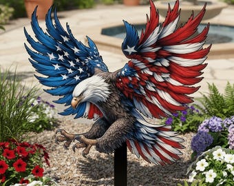 Red White Blue Eagle Yard Decor,American Eagle Patriotic Garden Art,USA Flag Eagle Outdoor Decor,Bald Eagle Independence Day Stake,Yard Sign