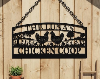 Personalized Hen Coop Name Sign,Metal Chicken Farm Wall Hanging,Rustic Chicken Coop Outdoor Sign,Custom Farm Chicken Silhouette Wall Decor