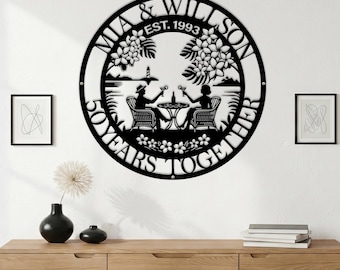 Personalized Beach Couple Wall Art,Tropical Flower Couple Silhouette Plaque,Metal Anniversary Wall Sign,Personalized Coastal Couple Decor