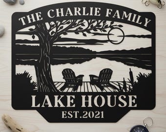 Custom Lake Cabin Wall Sign,Family Sunset Lake House Metal Sign,Waterfront Chair Family Lake House Metal Wall Sign,Sunset Lakeside Wall Sign