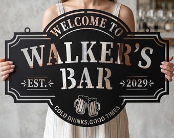 Custom Home Bar Metal Sign,Personalized Pub Name & Year Plaque,Metal Beer Mug Cheers Bar Decor,Custom Welcome Bar Wall Art,Man Cave Bar Sign